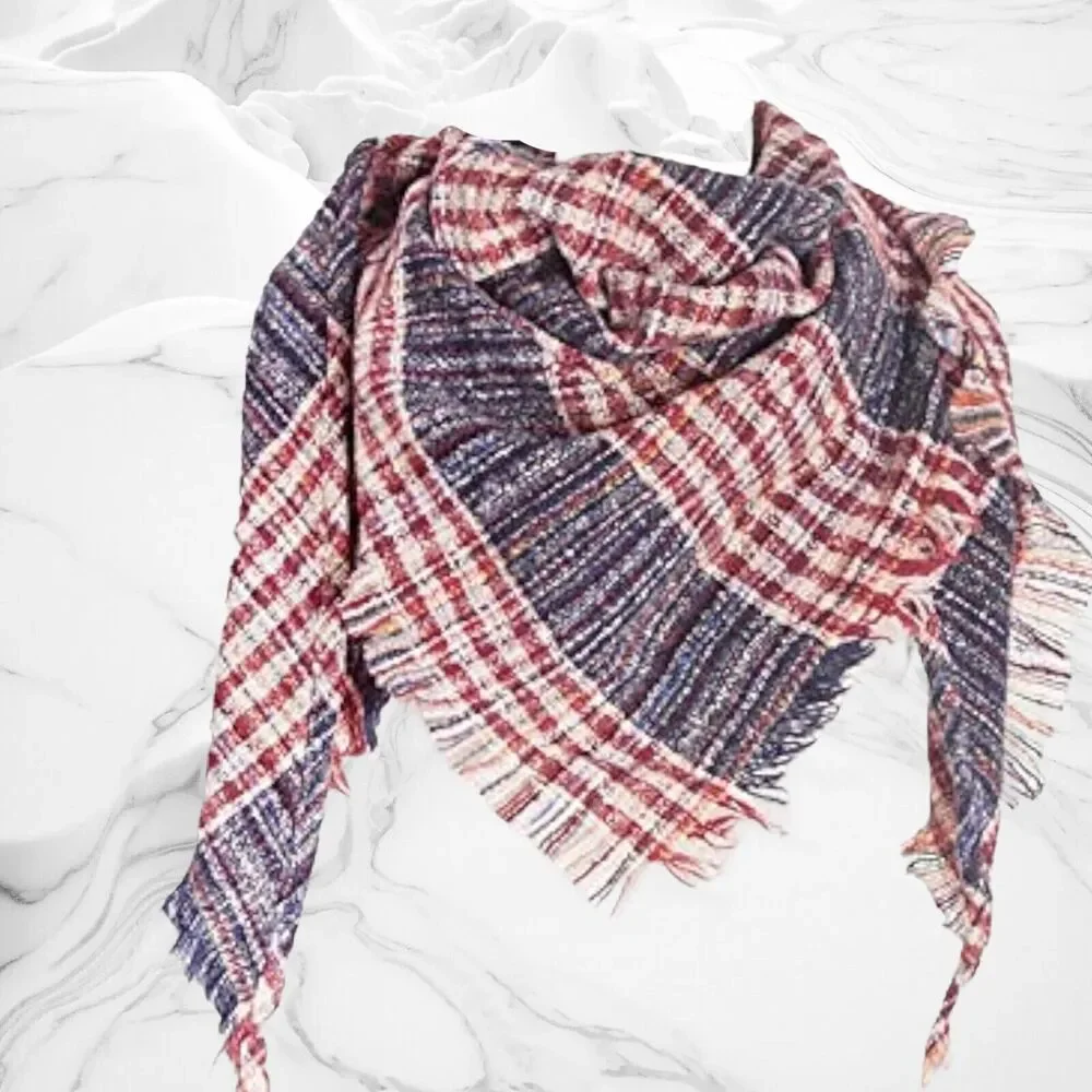 Wander Agio Warm Triangle Scarf/Shawl Red Blue Plaid Fichu Rough Surface